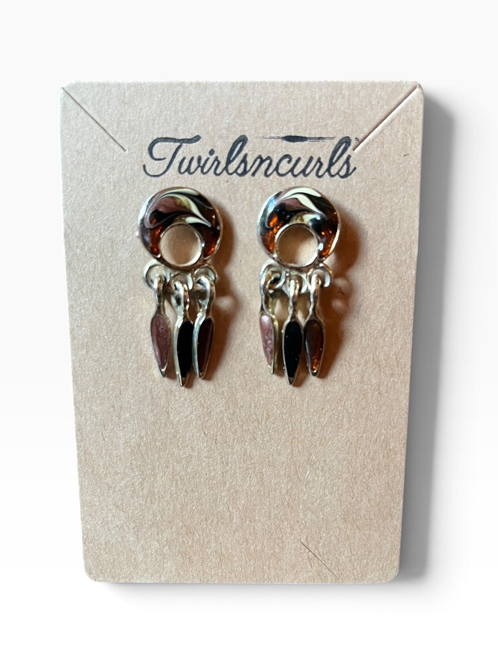 Vintage Brown Swirl Dream Catcher Silver Tone Dangle Post Earrings